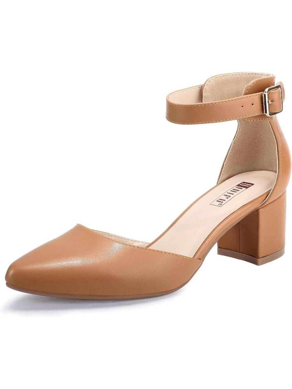 Women's Nude Pu Low Block Heels Pumps Chunky Closed Toe Ankle Strap Shoes